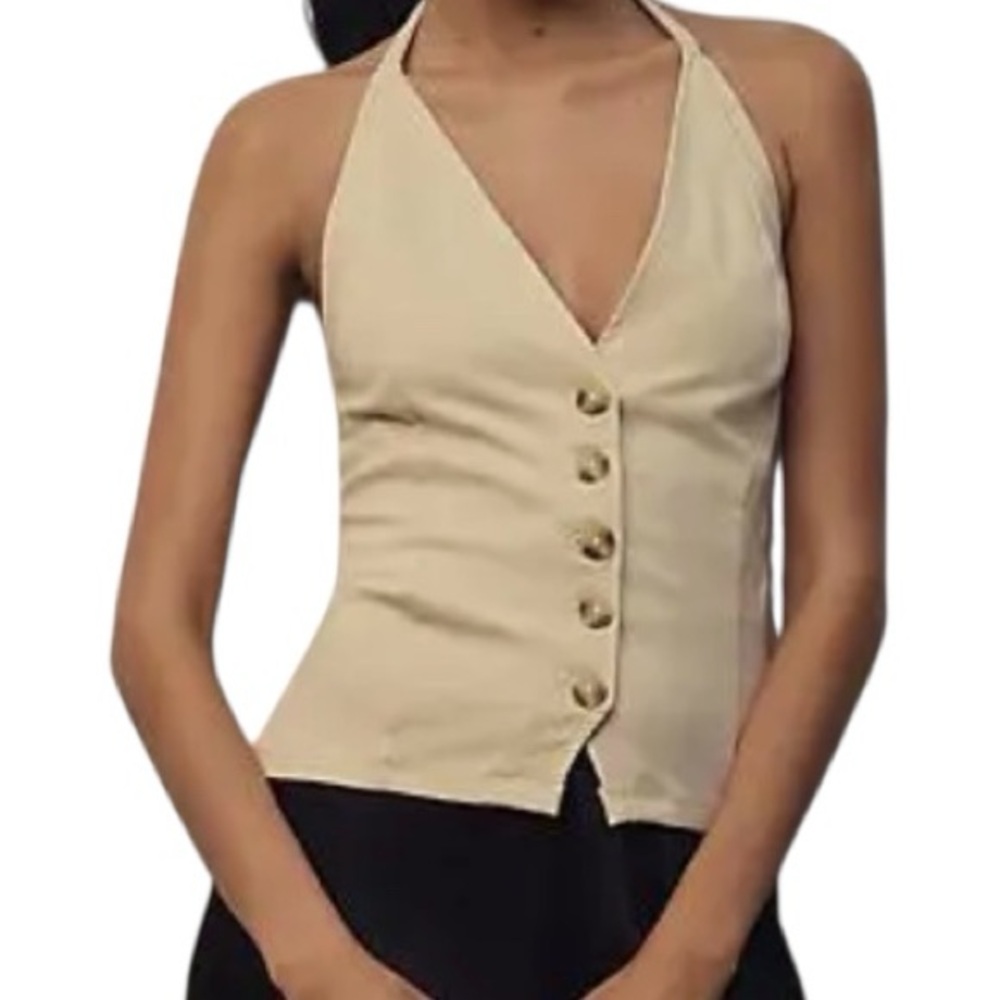 Anthropologie women’s large halter vest, buttons, neutral, beige, layering top